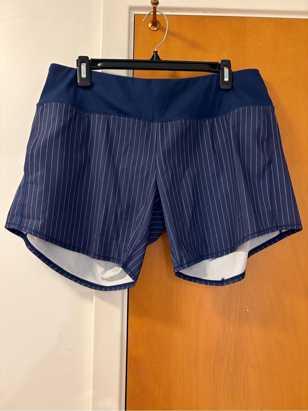 oiselle Navy Pinstripe Roga Athletic Shorts